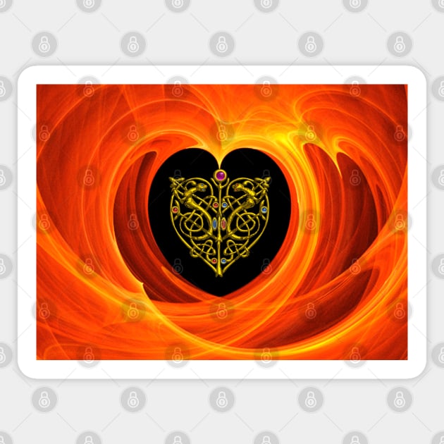 GOLD CELTIC KNOT HEART, LIZARDS IN BLACK ORANGE YELLOW FRACTAL WAVES Sticker by BulganLumini